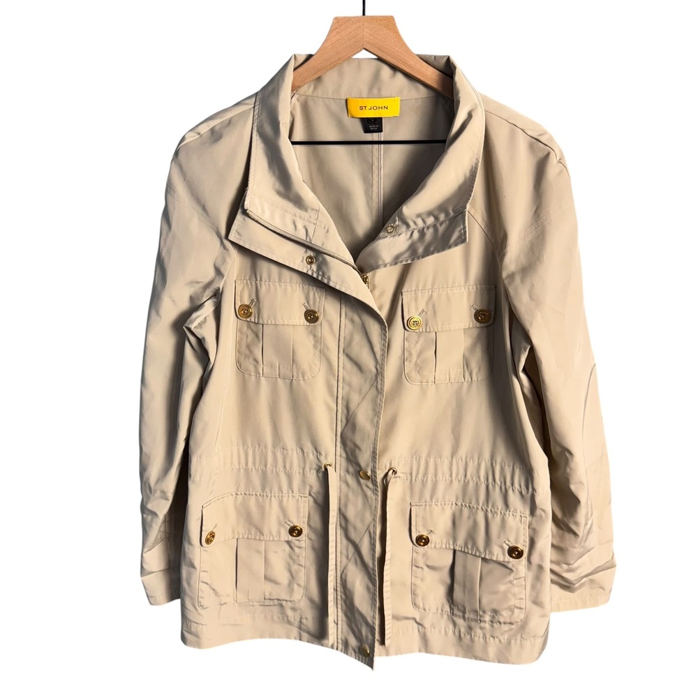 St John Sport Womens Beige Utility Field Jacket Tan Cargo Pockets Size Large - Picture 2 of 10